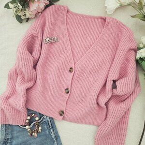 Pink Cropped Cardigan – Soft Knit – Button Front – NWOT